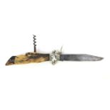 Military interest German deer foot combination knife and corkscrew, 25.5cm long when opened