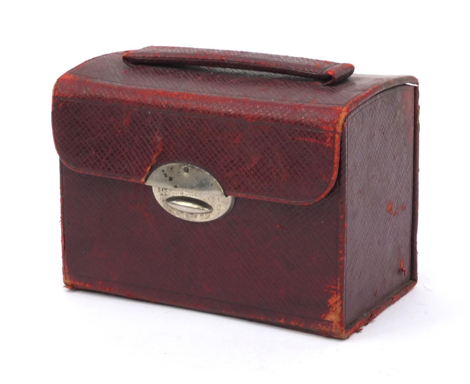 French doctor's red leather travelling case housing a selection of glass bottles, spoon, penknife - Image 4 of 5