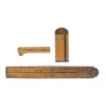 Three wooden and brass rules including a Rabone example with inset spirit level numbered 1190, and a