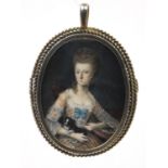 19th century oval portrait miniature of a lady sat with her cat wearing a dress onto ivory, housed