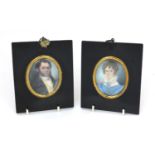 Pair of 19th century oval portrait miniatures, one of a gentleman wearing a black coat the other