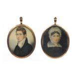 19th century oval double sided portrait miniature one side of a male wearing a green coat the