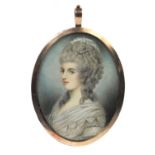 19th century oval portrait miniature of a lady wearing a white dress onto ivory, housed in an