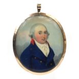 19th century oval portrait miniature of a gentleman wearing a blue coat onto ivory, housed in an