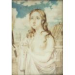 19th century rectangular portrait miniature of a semi clad female named Jane Shore onto ivory,