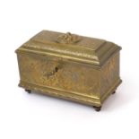 19th century French brass lockable jewellery casket with red velvet interior, decorated with