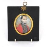 19th century oval portrait miniature of a soldier in uniform onto ivory, housed in an ebonised frame