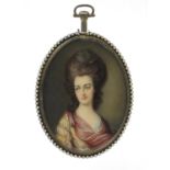 19th century oval portrait miniature of a lady wearing a red and yellow dress signed Opia? onto