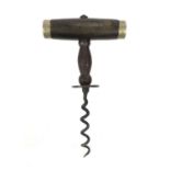 19th Century ebony handled corkscrew with silver plated ends, 14cms : For Condition Reports Please