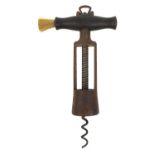 19th century steel C. Twiggs patent corkscrew with rosewood handle and side brush, 20cm when