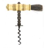 19th century steel straight pull corkscrew with bone handle and side brush, 14cms : For Condition