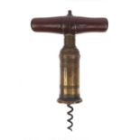 19th century brass corkscrew with wooden handle corkscrew, 17cm when closed : For Condition