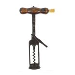 Steel two pillar rack action corkscrew with cast iron ratchet sidearm and wooden handle and side