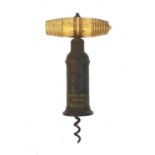 19th century brass corkscrew with Bright's Sheffield plaque and bone handle, 18cm when closed :