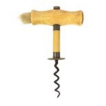 19th century steel straight pull corkscrew with bone handle and side brush, 14cm : For Condition