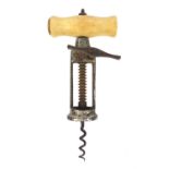 19th century steel open framed corkscrew with cast iron ratchet sidearm and bone handle, 19cm when