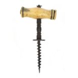 19th century steel straight pull corkscrew with bone handle, 17cm : For Condition Reports Please