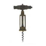 19th century brass open framed corkscrew with ebony handle, 20cm when closed : For Condition Reports