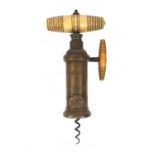 19th century Dowler patent brass corkscrew with bone handle and bone ratchet sidearm , 20cm when