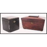 A Victorian mahogany small sarcophagus shaped tea caddy with hinged top together with a 1920's