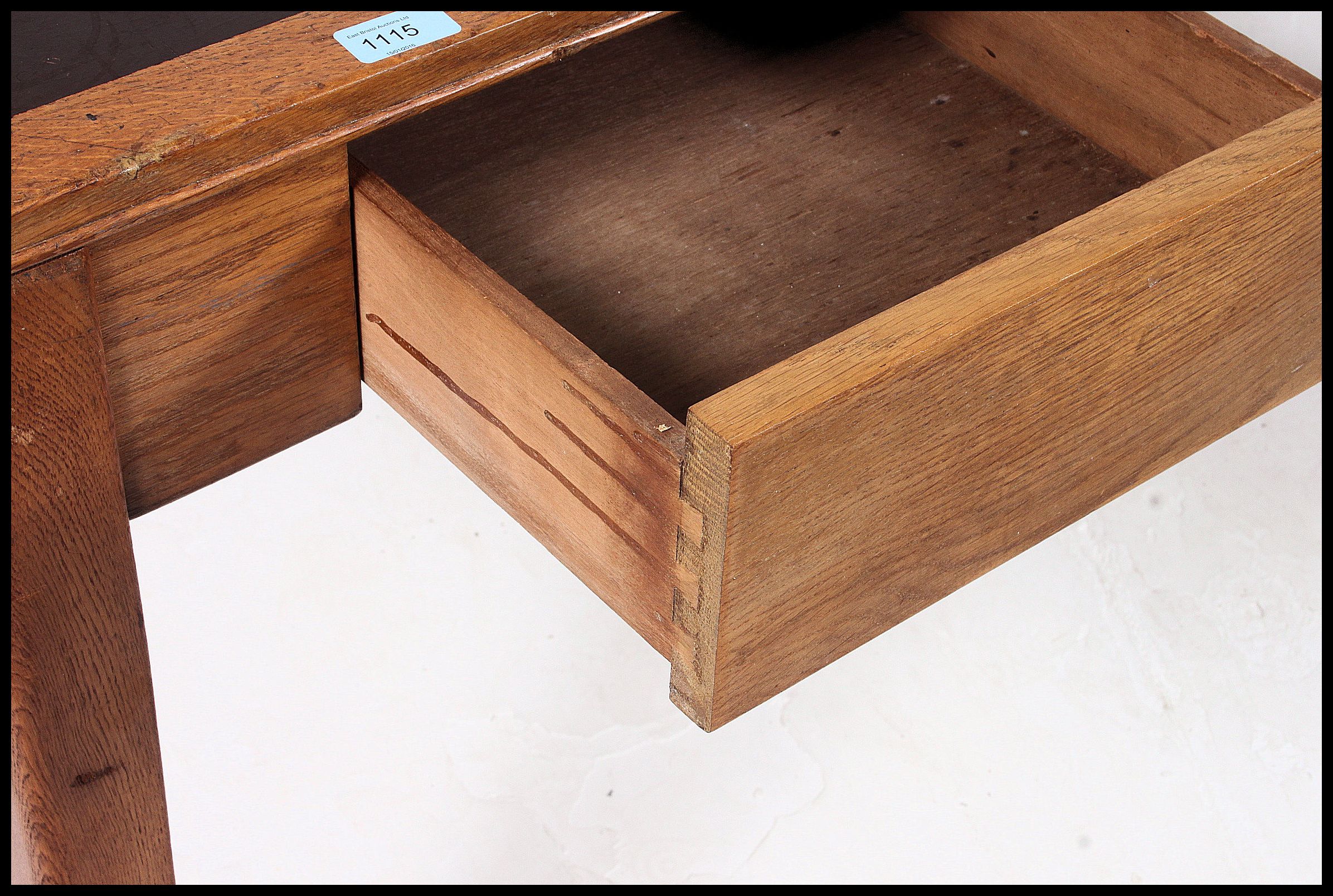 A mid century golden oak Air Ministry military desk raised on tapered legs with drawers to the - Image 4 of 6