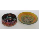 A blue green iridescent carnival glass bowl together with another piece of carnival glass - tazza