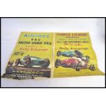 Two vintage reproduction motor racing posters - each with text to top and racing artwork to centre.