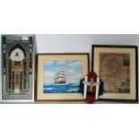 A collection of pictures, some framed and glazed to include needlework,