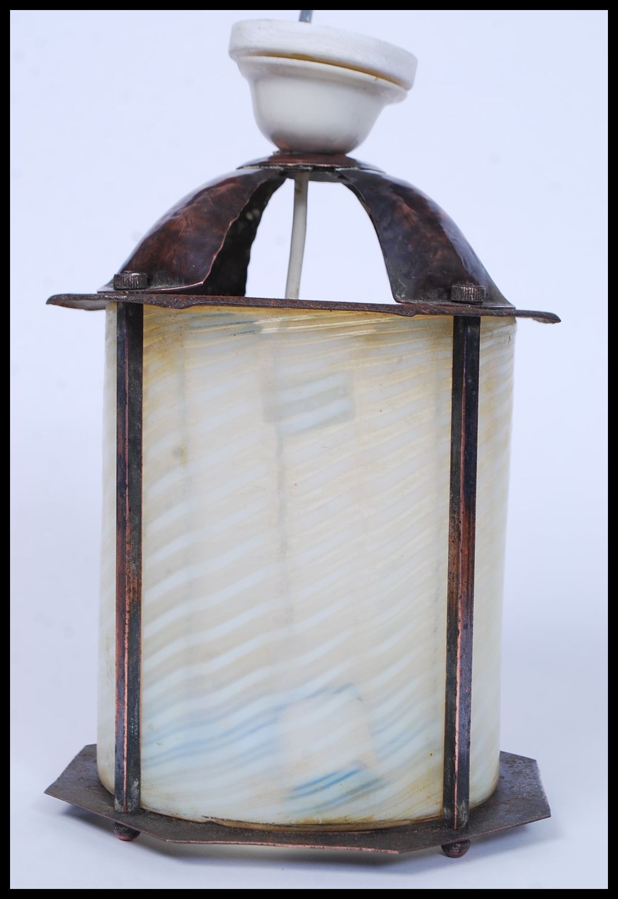 A vintage 20th century Arts & Crafts style copper lantern with coloured glass inset cylinder shade. - Image 2 of 4