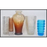 A collection of art glass to include an oversize Czech vase of Art Deco design, bark effect vase,