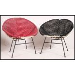 A pair of 1950's atomic style tubular metal and plastic rattan weave bedroom tub chairs,