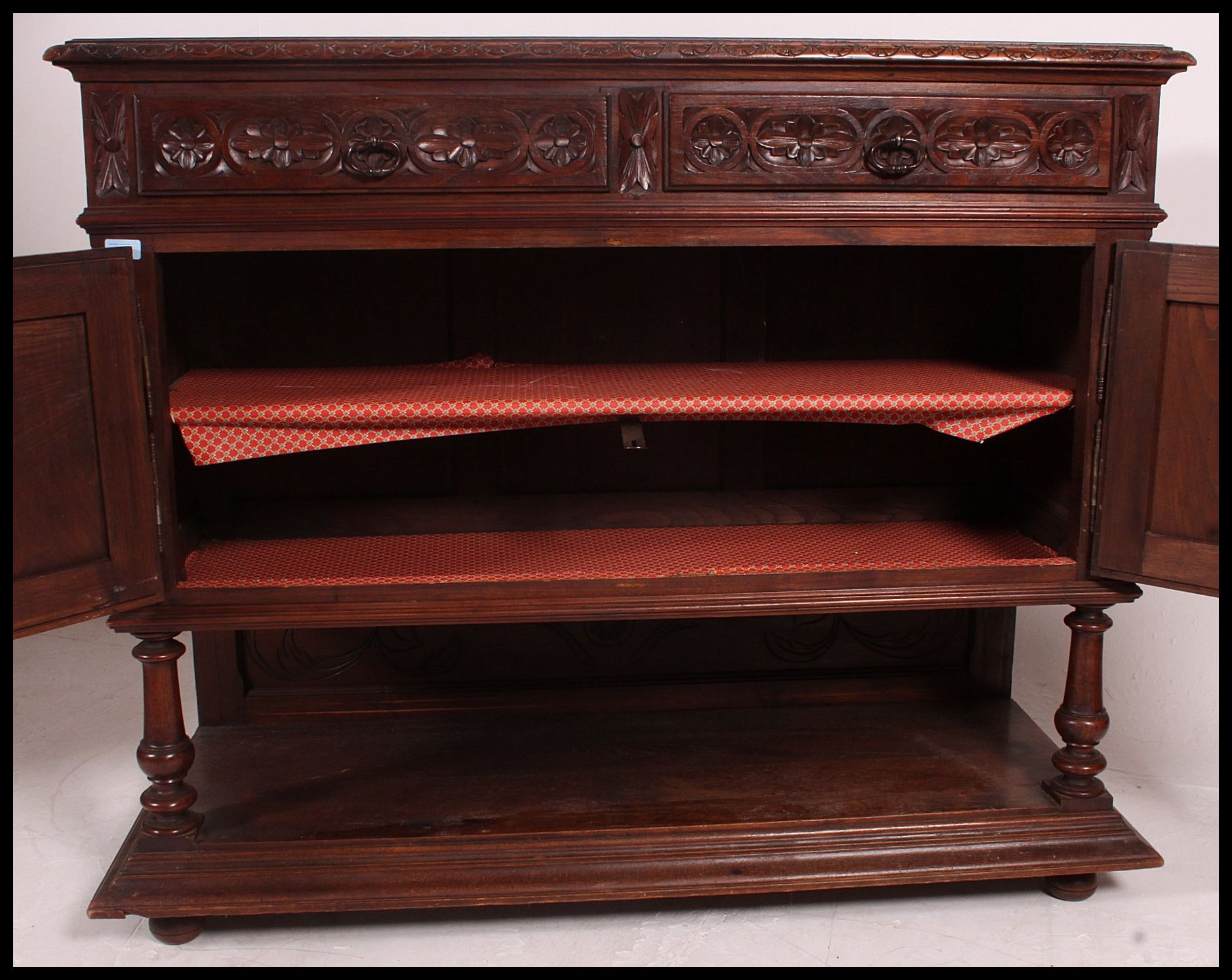 A 19th century Jacobean carved oak green man revival marble top sideboard / buffet. - Image 6 of 6