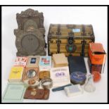 An interesting lot to include playing cards, EPNS pill box, picture frames, dome casket of tin form,