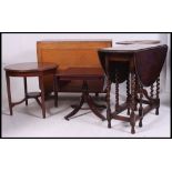 A dealers lot to include side tables, drop leaf dining table, golden oak harvest table,