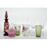 A collection of vintage glasswares to include ruby flash glass decanter, handpainted glass jug,