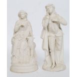 A pair of parian ware figurines to include dandy gent and a maiden with sheep.