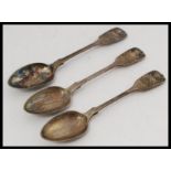 A set of 3 19th century silver hallmarked fiddle pattern teaspoons bearing unusual double duty
