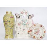 A Victorian Staffordshire flatback figurine diorama together with a Chinese famille juane vase and