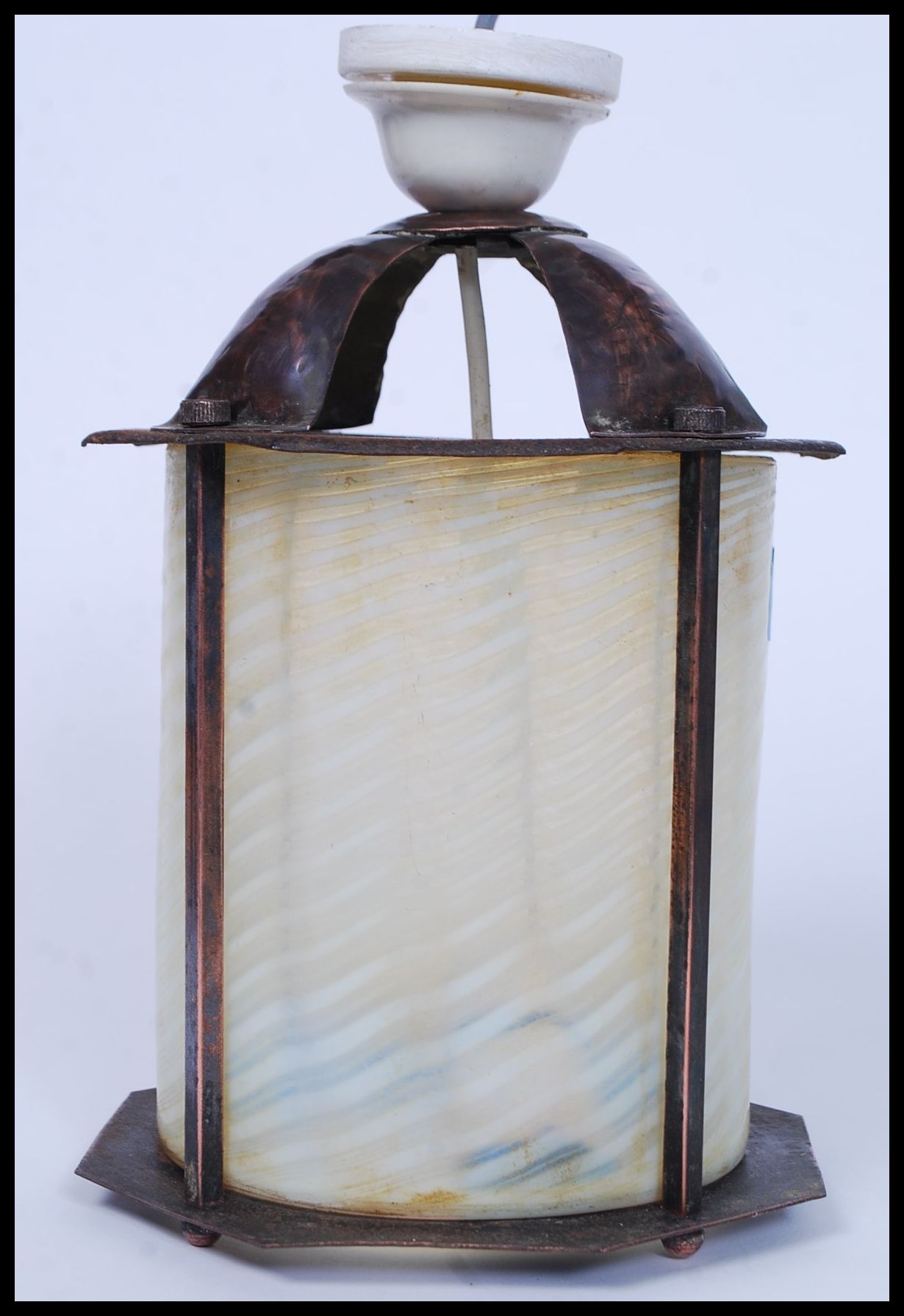 A vintage 20th century Arts & Crafts style copper lantern with coloured glass inset cylinder shade. - Image 3 of 4