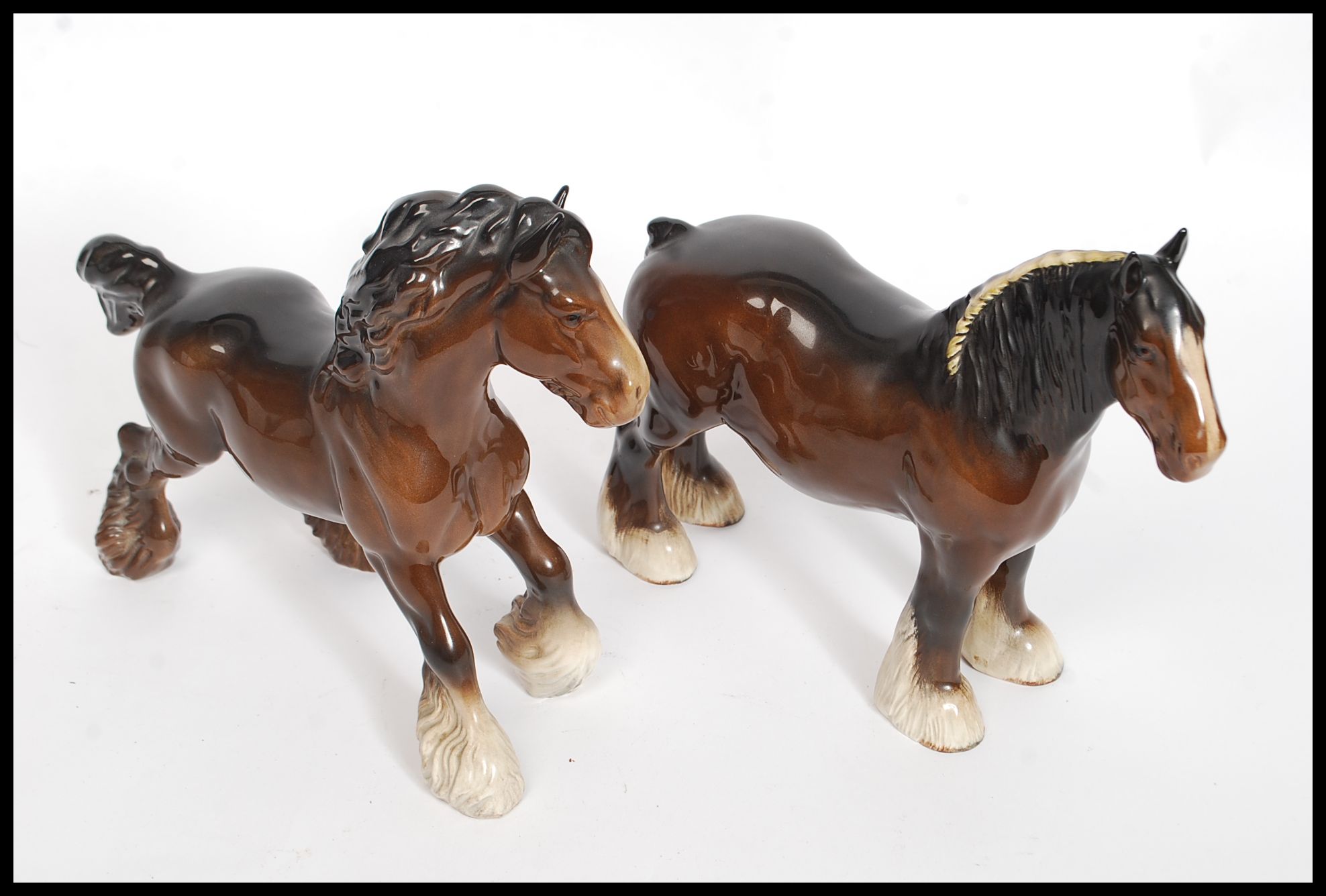 Two Beswick ceramic shire horse figurines each with a gloss brown finish bearing Beswick England - Image 2 of 3