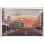 A retro mid century original oil painting of a Dystopian cityscape by M.