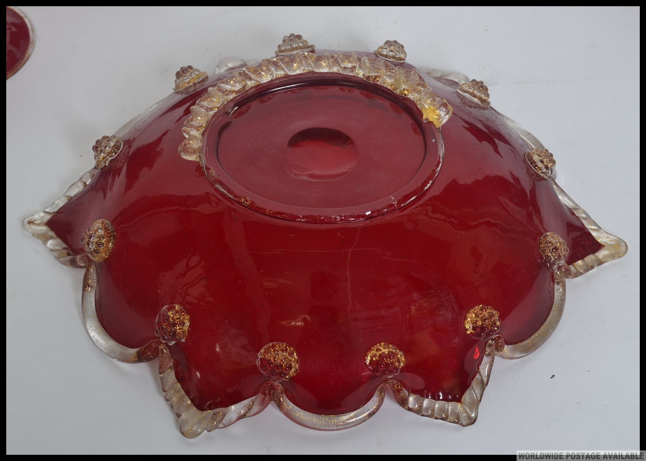 A collection of four early 20th century ruby glass candle sticks along with a similar bowl 30cm - Image 3 of 3