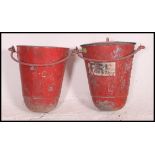 2 Vintage Industrial galvanised metal red painted fire buckets complete with the handles