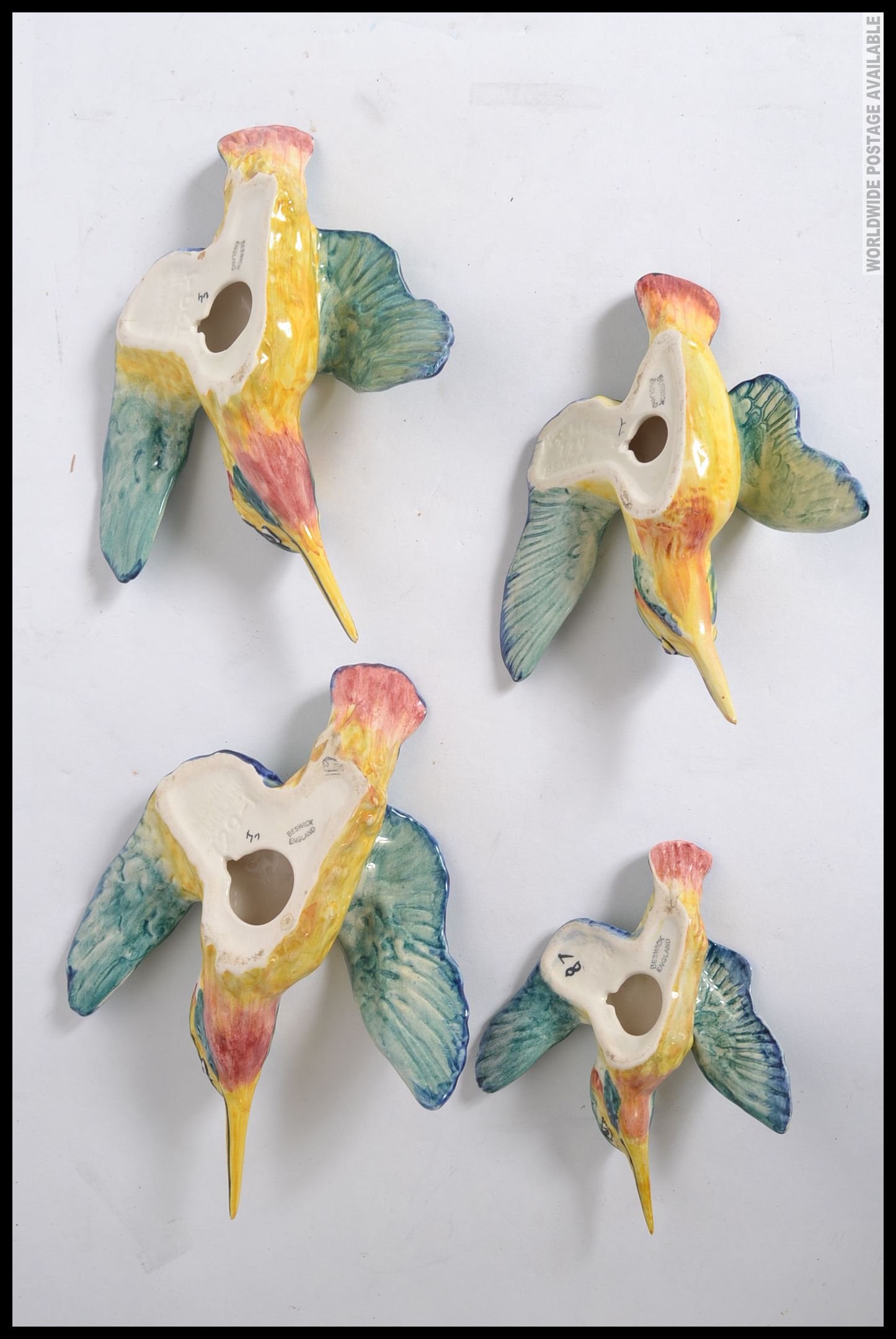 A set of 4 Beswick ceramic Kingfisher wall mounted polychrome figurines. Stamped to verso. - Image 2 of 3