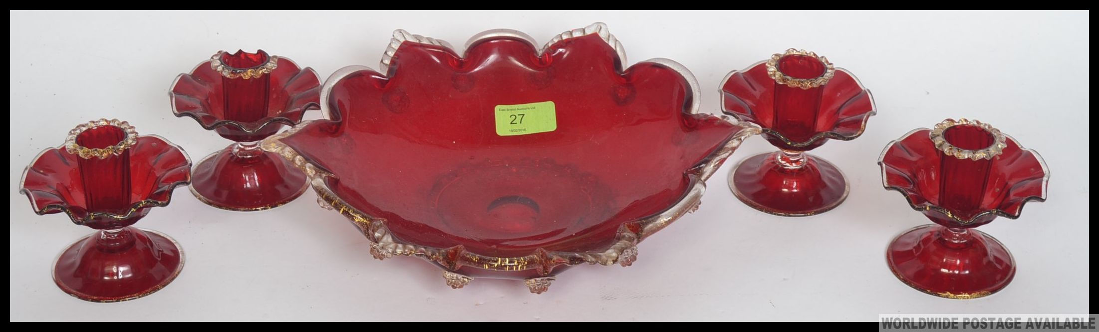 A collection of four early 20th century ruby glass candle sticks along with a similar bowl 30cm - Image 2 of 3