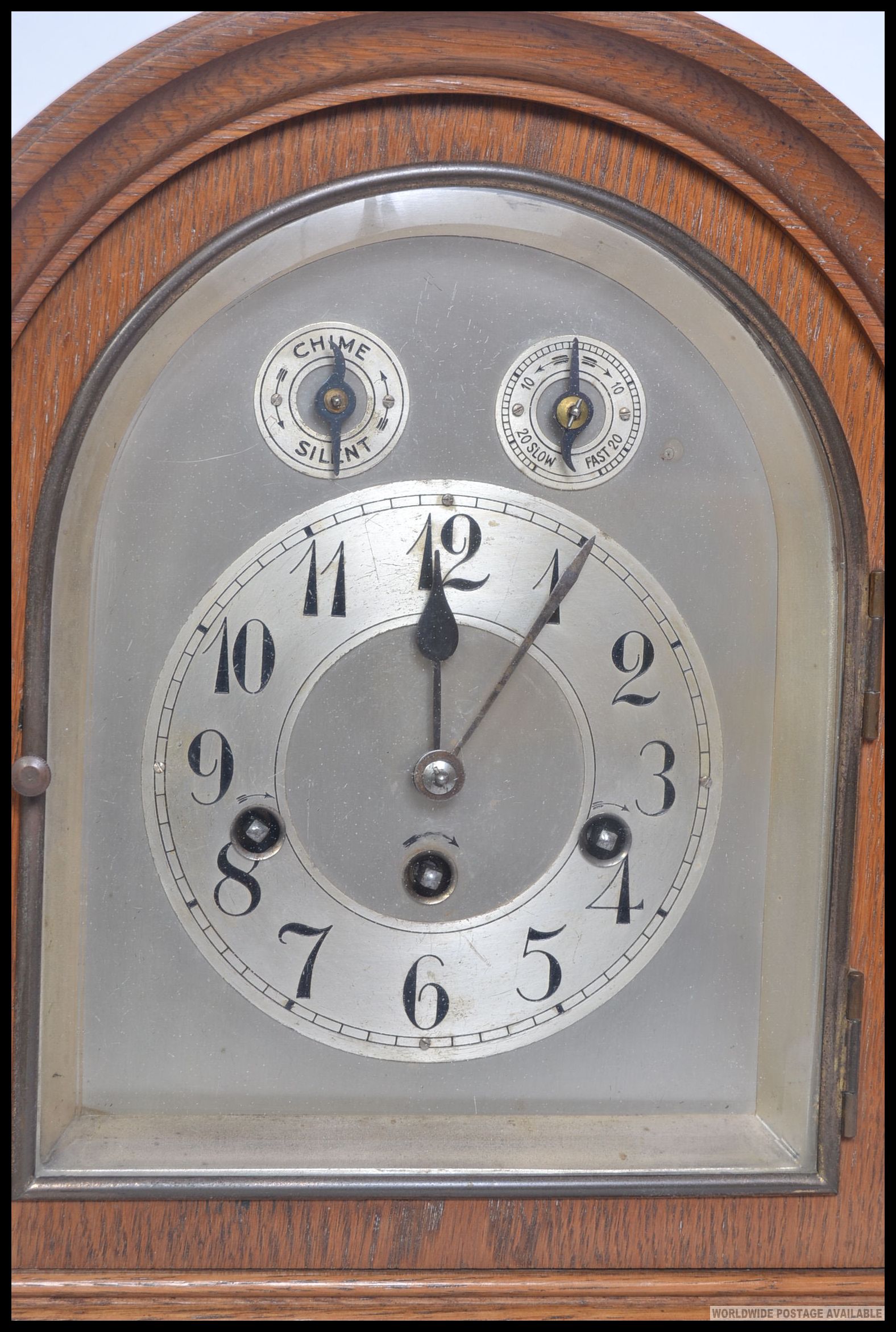 An 20th oak cased mantle clock, having a silvered face with two subsidiary dials, - Image 2 of 4
