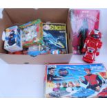 TOYS & GAMES: A box of assorted vintage toys and games to include jigsaws ( Captain Scarlet,