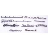 CAR BADGES: A collection of 10x classic car chrome (mostly) name badges: Ford Anglia, Dauphine,