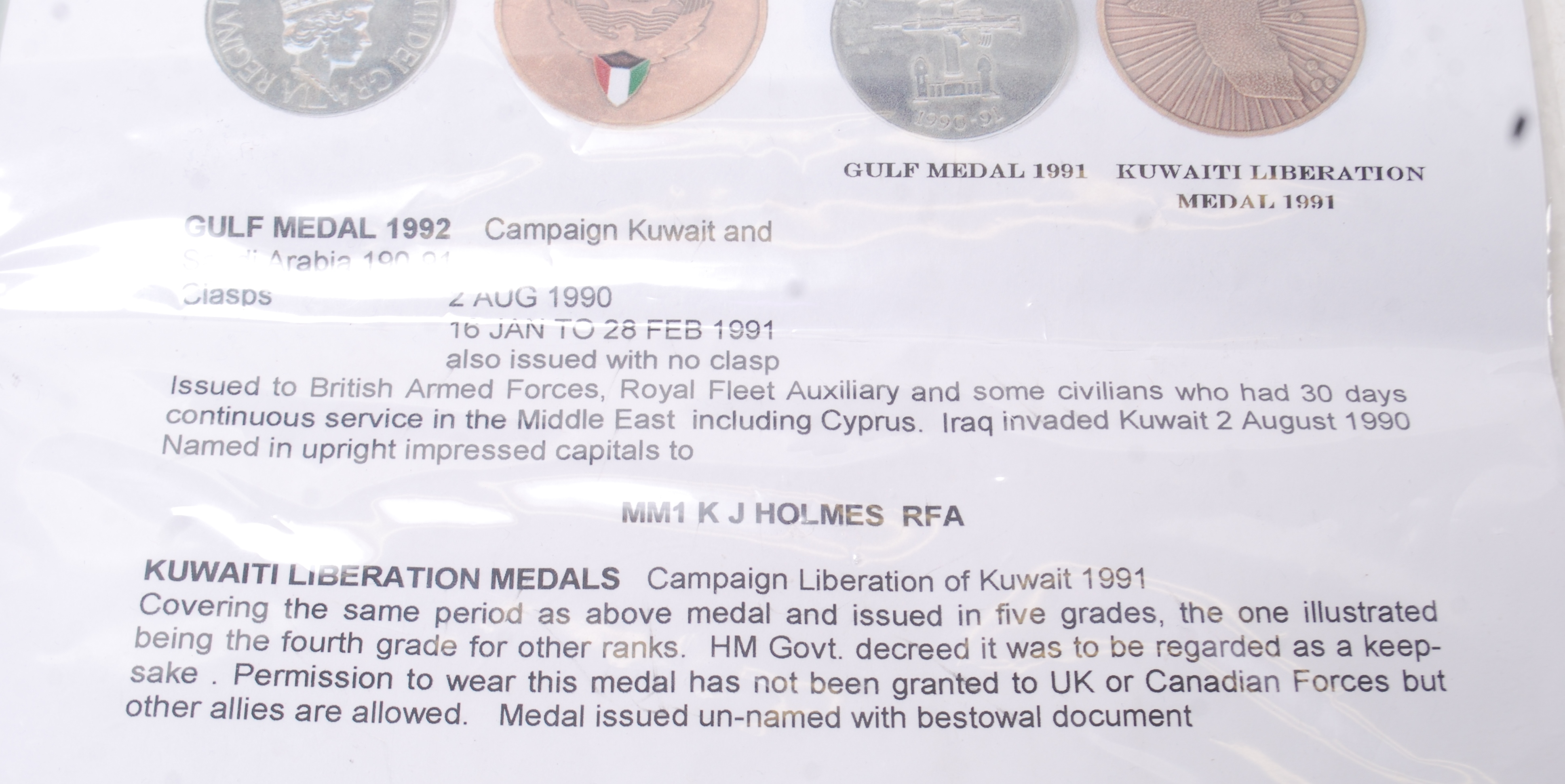 GULF WAR MEDAL GROUP: MM1 KJ Holmes RFA. Gulf War Medal 1990 - 1991. - Image 4 of 8