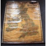An early large canvas backed roll down  believed GWR line railway map of Great Britain.
